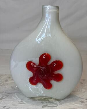 Pier 1 Handblown Small Mouth Glass Vase Feat. a 3D Red Amberina Flower Accent